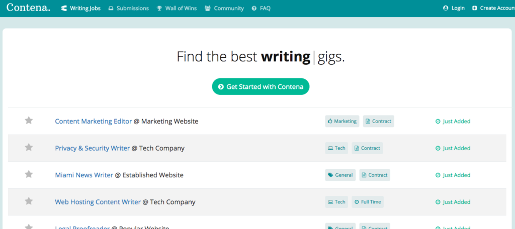 Contena's list of Freelance Writing Jobs